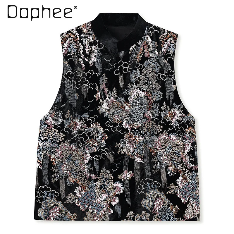 New Chinese High-end Heavy Industry Embroidery Sequin Printed Vest Women Spring Light Luxury Temperament Stand-up Collar Vest