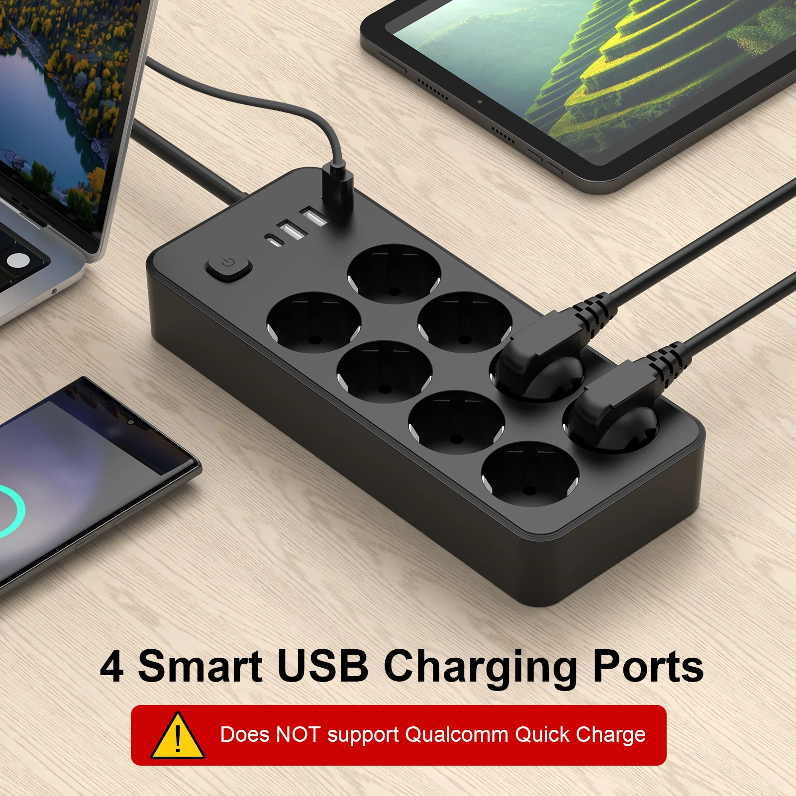 Power Strip 8 EU Plug with 3 USB A+1 USB C, Power Strip with Switch and Electrical Extension,for Phone, Pad, for Office, Home