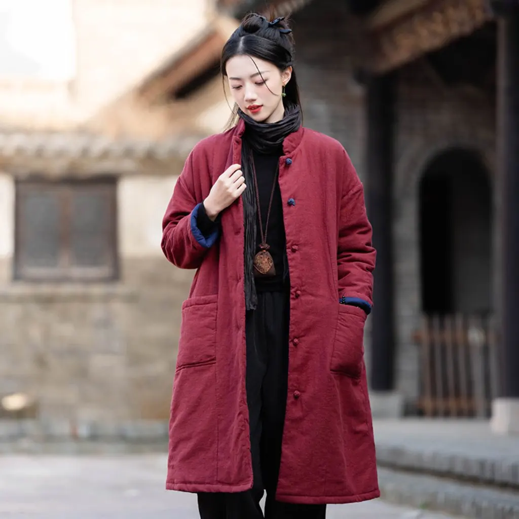

Women's Retro Chinese Style Stand-Up Collar Cotton Outwear Winter Thickened Quilted Long Top with Sand-Washed Linen Splicing