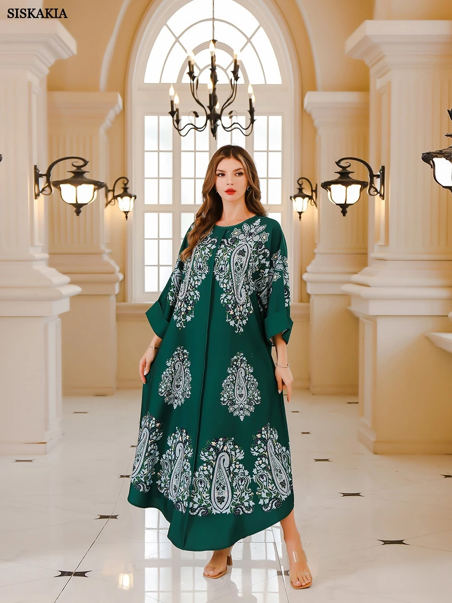 Siskakia Fashion Kaftan Abaya Dubai Islam Muslim Beading and Diamonds Floral Print Crew Neck Long Sleeve Loose Islamic Long Dres