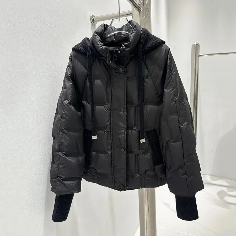 

New Autumn and Winter Women's Warm Puffer Coat Commuter Hooded Splicing Knitted Casual White Duck Down Jacket