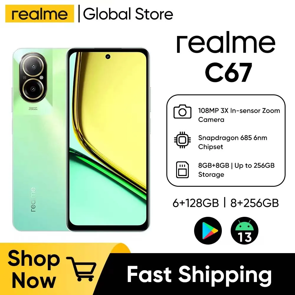 كاميرا Realme C67 8 + 256GB 108MP AI أصلية جديدة Snapdragon 685 6,72 بوصة 90 هرتز بطارية 5000 مللي أمبير في الساعة 33 وات شحن SUPERVOOC