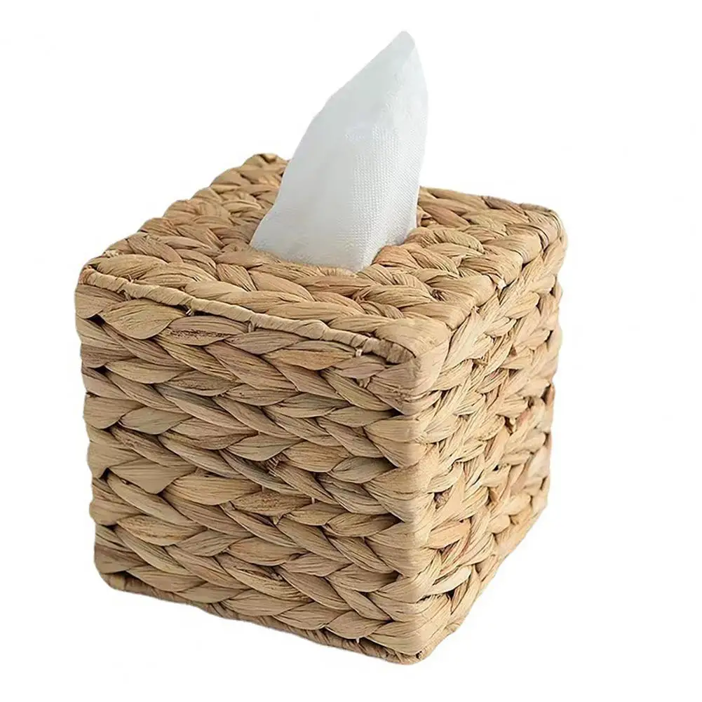 Tissue Box Holder Water Hyacinth Handwoven Straw Basket Natural Wicker Napkin Dispenser Facial Tissue Organizer Rustic Decor