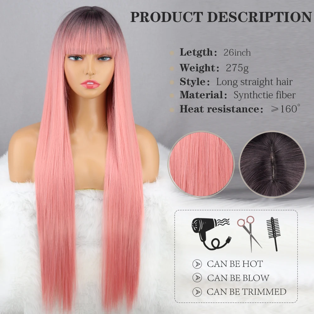 Roze Zwart Ombre Lange Hebben Pony Steil Haar Natuurlijke Hittebestendige Vezel Blond Bruin Zwart Cosplay Voor Vrouwen Daily Wear pruiken