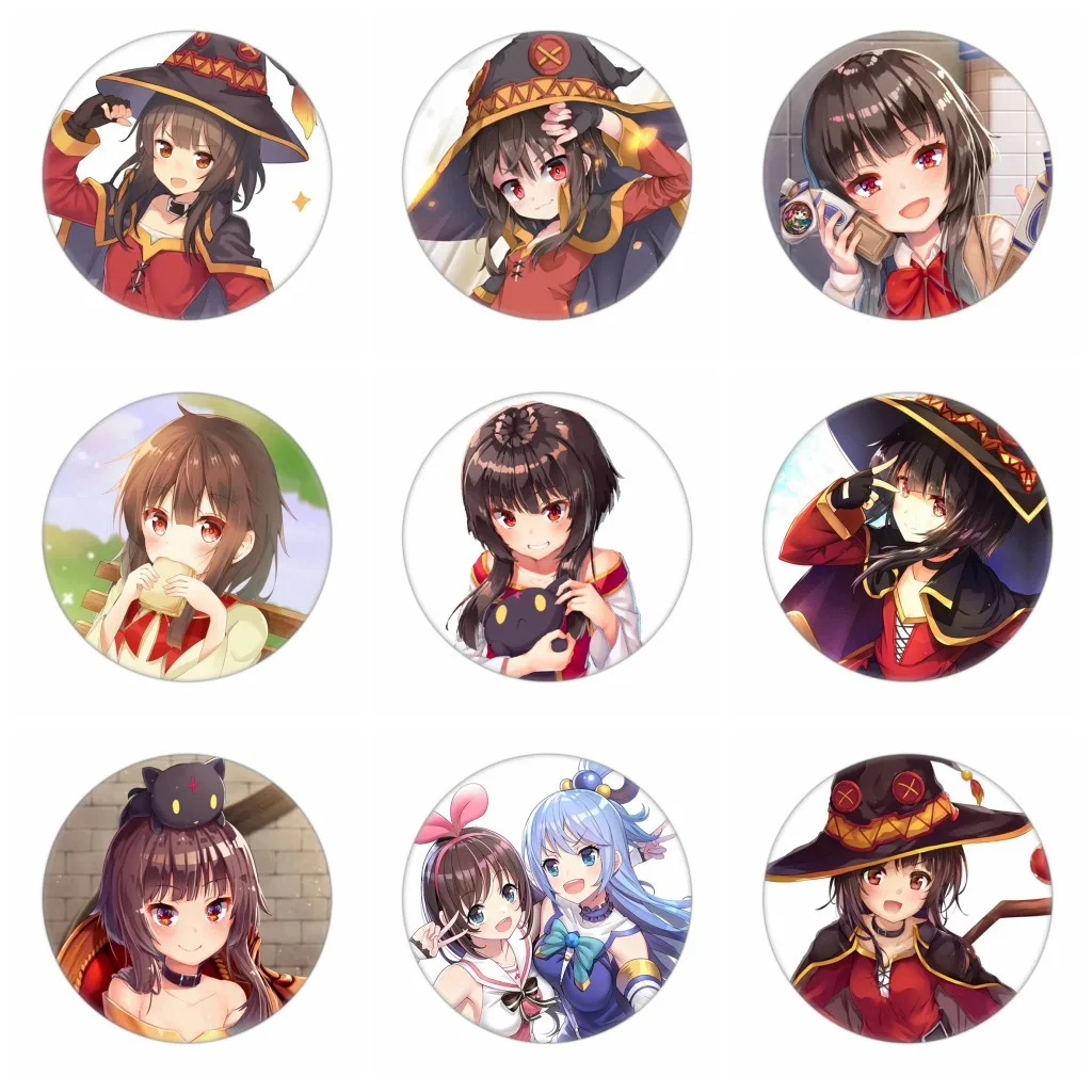 58MM Tinplate Pin Style Darkness Megumin Costumes Badge Aqua Satou Kazuma Functional Accessories Hot Selling Simplicity Items