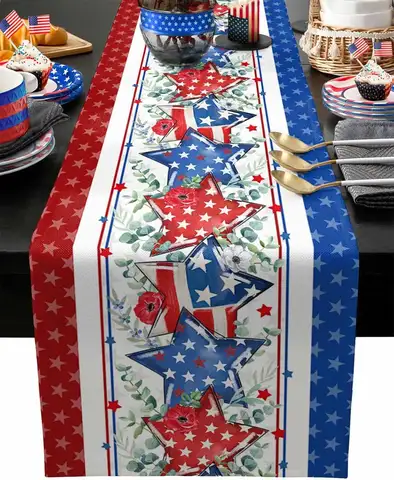 4th of July Patriotic Star Linen Table Runner Poppy Independence Day Memorial Day Table Runners Kitchen Party Dining Table Decor