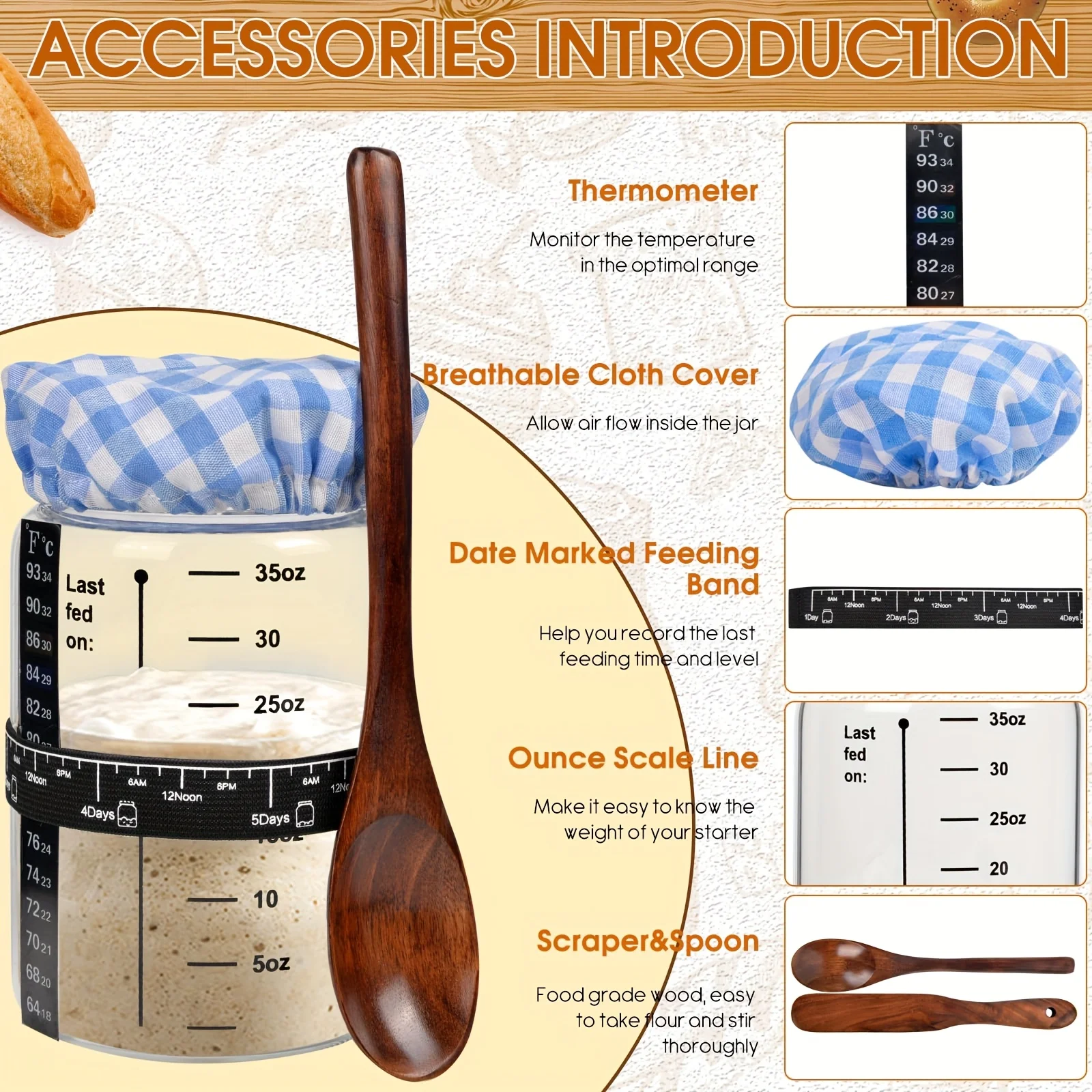 

2 Pack Sourdough Starter Jar Kit, Glass Bread Baking Fermentation Jar with Thermometer, Cloth Cover, Wood Lid/Scraper/Spoon, Date Marked Feeding Band for Home Brewing & Baking, 35oz Wide Mouth