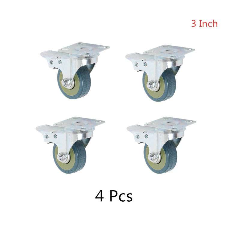 

4 Pcs/Lot 3 Inch Gray Rubber Wheel Pvc Flat Bottom Universal With Brake Industrial Caster Shopping Cart