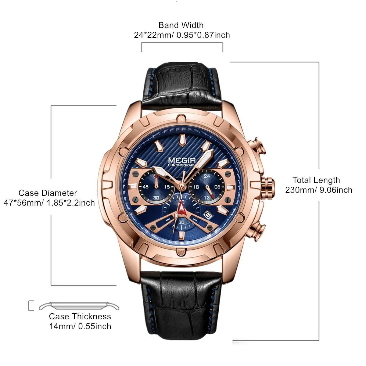 Megir luxo masculino esporte relógios de couro militar quartzo relógio de pulso à prova dwaterproof água homem cronógrafo 24 horas montre homme 2102