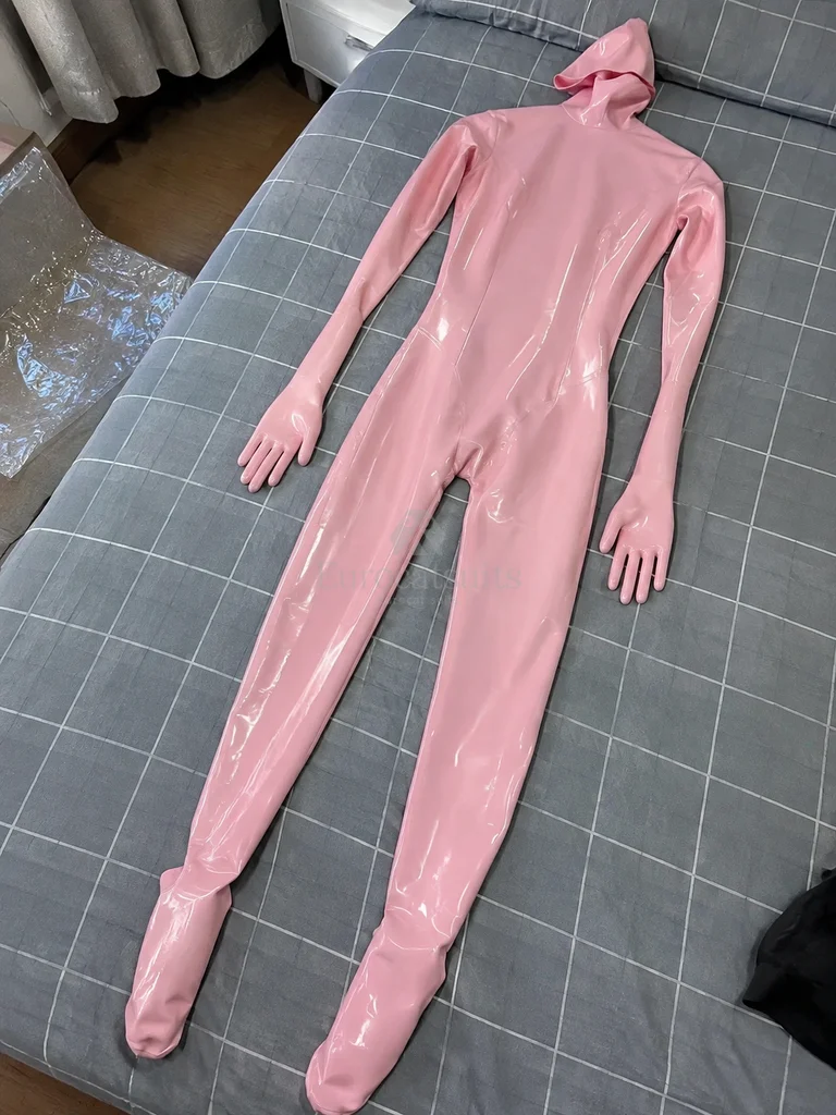Women's Pink Hooded Footed Latex Jumpsuit Cosplay Party Costume