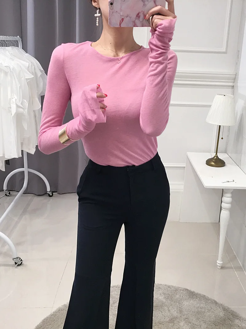 Sexy Shirt Frauen T-Shirt Langarm Koreanischen Stil Dünne Grundlegende Elastizität T-shirt Top Frauen Kleidung T Shirt Femme – Detail 5