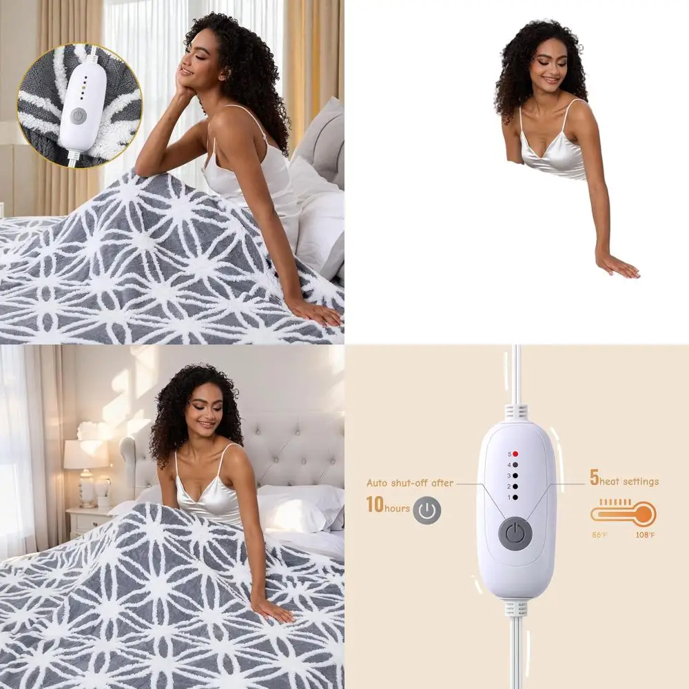 

Полноразмерное одеяло с электрическим подогревом 72x84 — ультрамягкий флис шерпа, 5 режимов нагрева, автоматическое выключение 10 часов, серый и белый