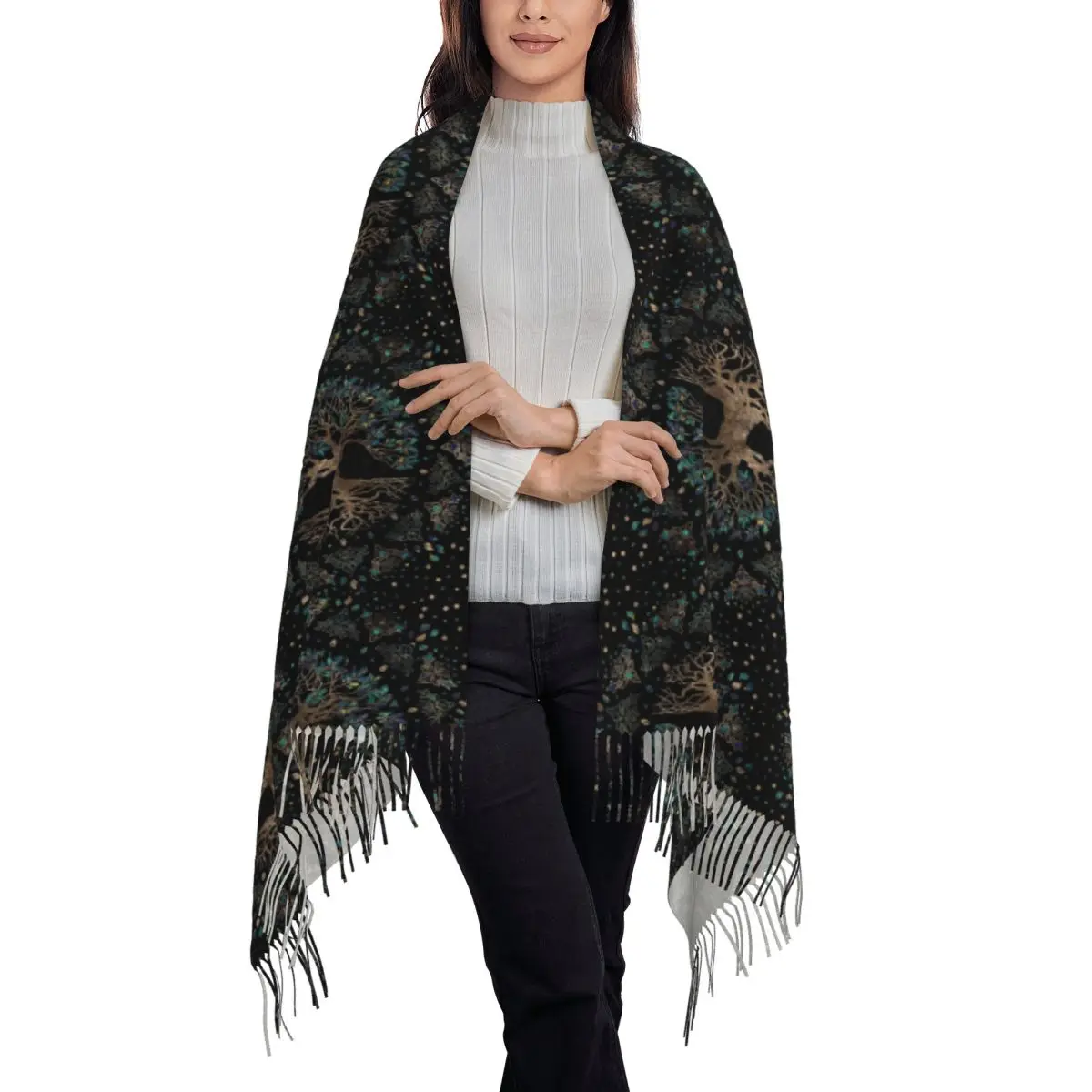 Tree Of Life -Yggdrasil Golden And Marble Ornament Scarf Tassel Scarves Women Soft Warm Shawls and Wraps Fall Winter Shawl Wrap