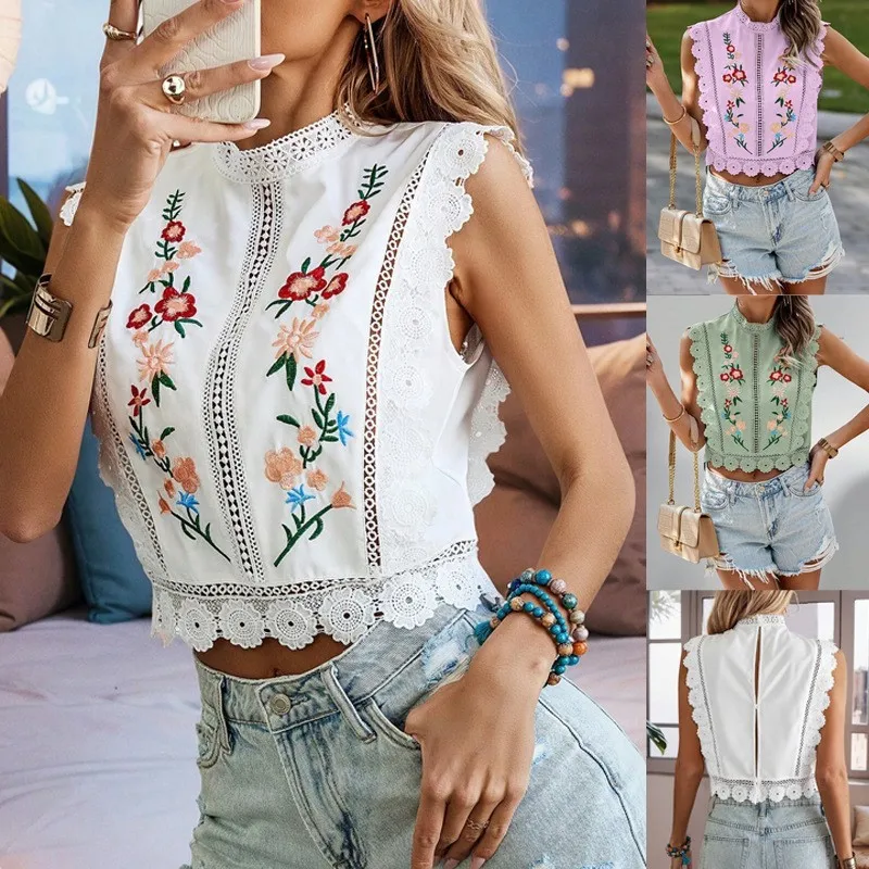 

Summer Women's Chiffon Shirt Pullover Blouses Fashion Lace Embroidered Plant O-neck Sleeveless Hollow T-shirt For Women Clothes