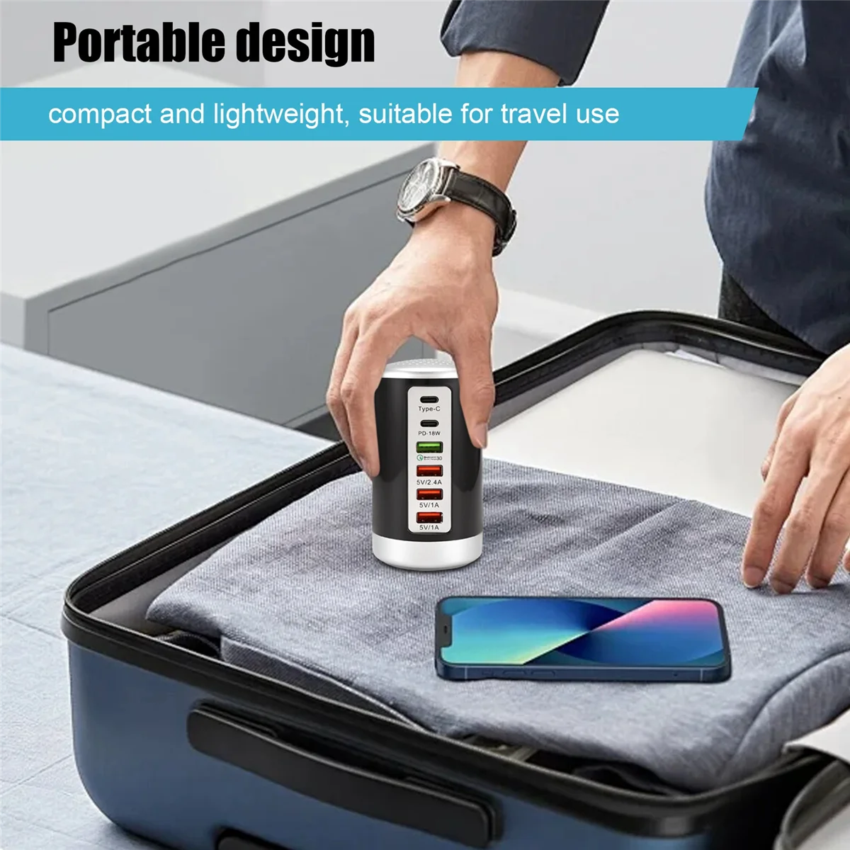 Cargador multipuerto USB de 65W, concentrador QC3.0, cargador rápido de 6 puertos tipo C PD, estación de carga para teléfono móvil, enchufe B de EE. UU.