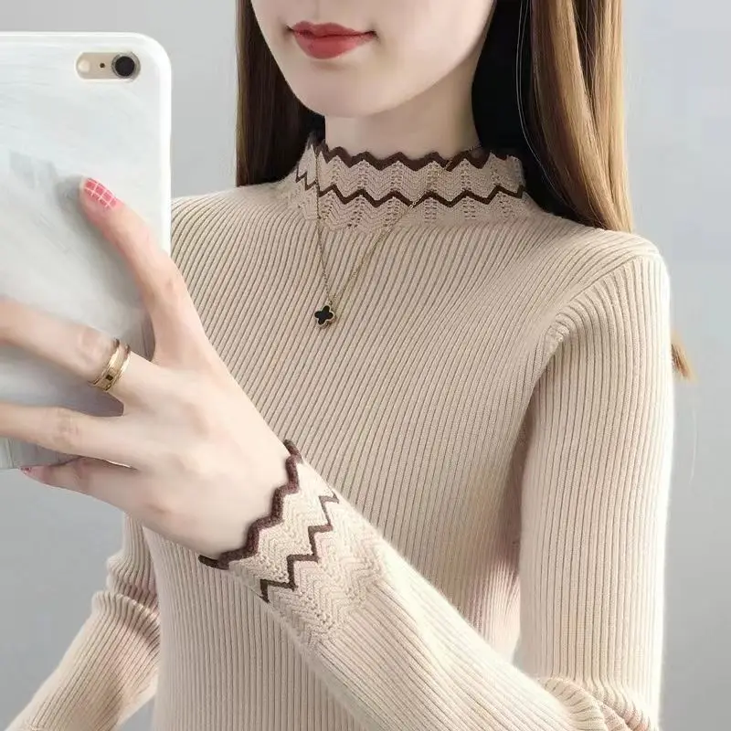 Women\'s Spring and Autumn New 2023 Fashion Half High Collar Lace Solid Color Long Sleeved Pullover Sweater Bottom Knitted Tops