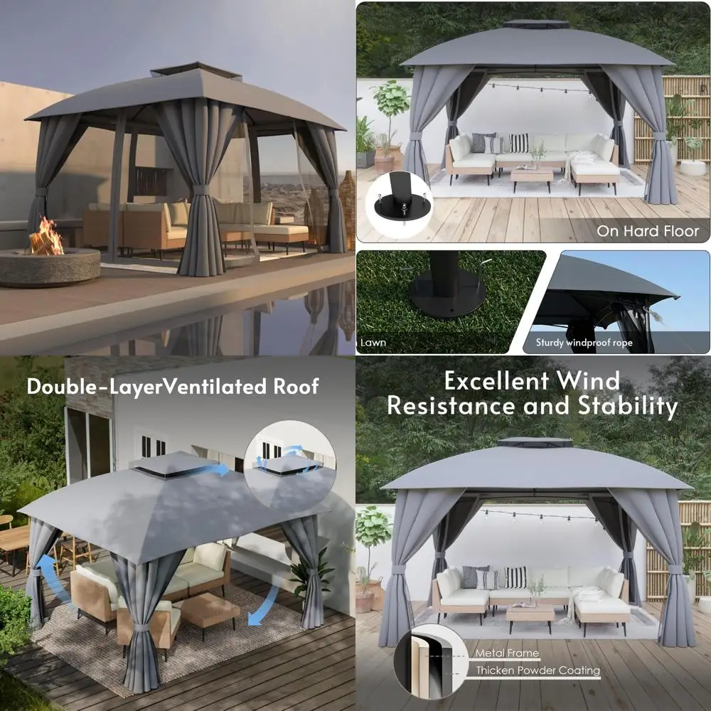 

10x12 Outdoor Gazebo with Double Roof, Patio Shelter Including Netting and Curtains, and Trapezoidal Support for Stability