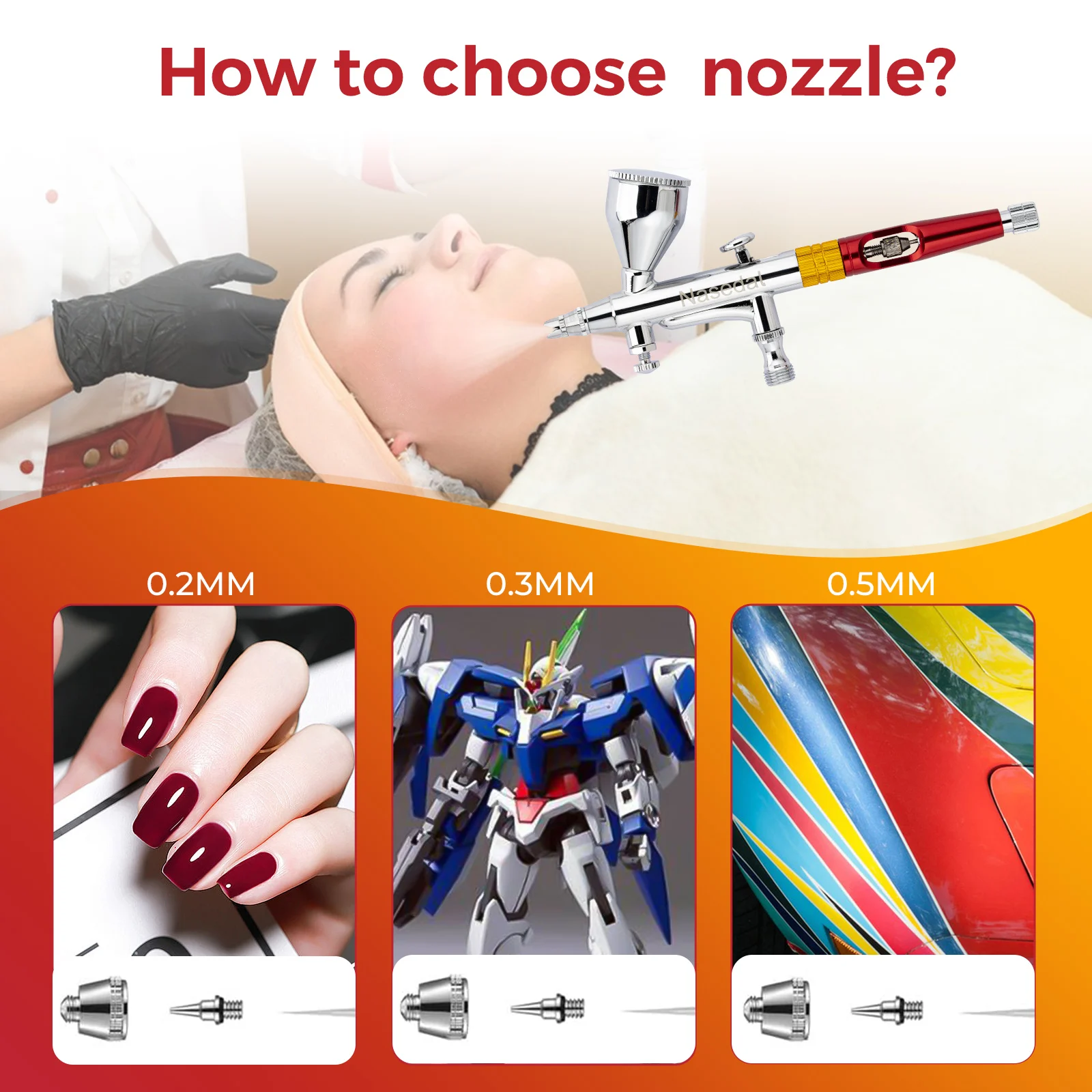 Nasedal Airbrush Gravity Dual-action Spray Gun 9cc Airbrush Paint Nail Makeup Paint Tattoo Art DIY Tool 0.2mm/0.3mm/0.5mm