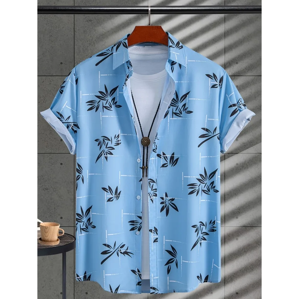 Men Light Blue Aloha Hawaiian Shirt Black Palm Leaf Grid Print Short Sleeve Beach Vacation Button Up Blouse
