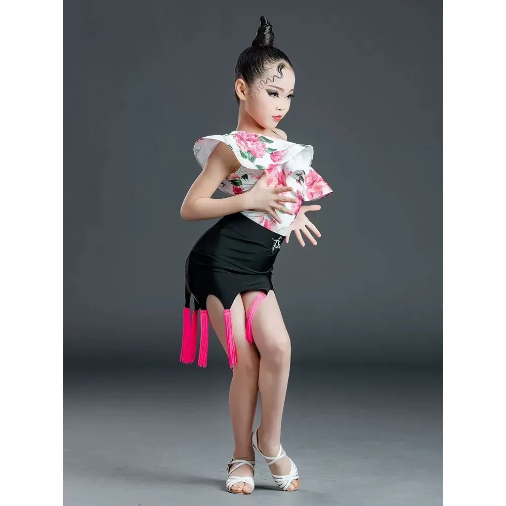 Lotus Leaf Sleeve Latin Dance Dress Suit Girls Fringed Dress Slit Suit Child Latin Dance Dresses Kids Practice Clothes