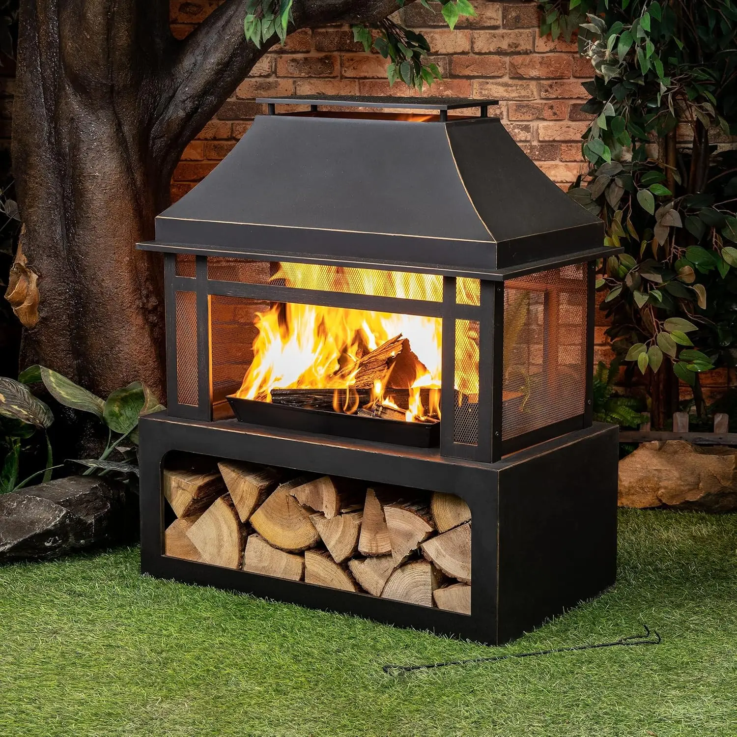 Outdoor Wood Burning Fireplace with Wood Storage and Removable Fire Grill - 40 Inch Large Metal Wicker Base Fire Pit