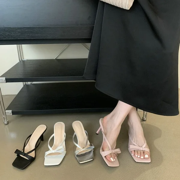 

Exquisite Bowknot Decoration Sandals Women's Fashion Square Head Peep Toe Slippers Elegant Banquet Party Ladies High Heels