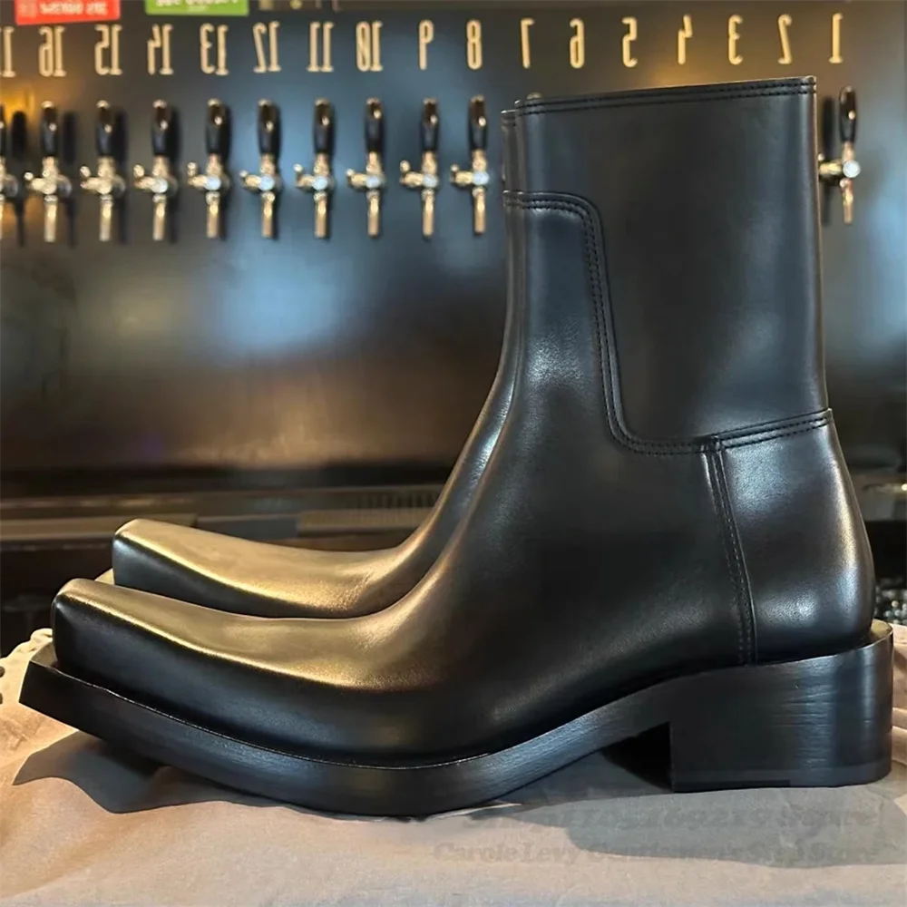 

Вертикальные ботинки из воловьей кожи, мужские элегантные черные ботинки челси с квадратным носком на массивном каблуке и боковой молнией, однотонные ботинки челси, повседневные кожаные короткие ботинки