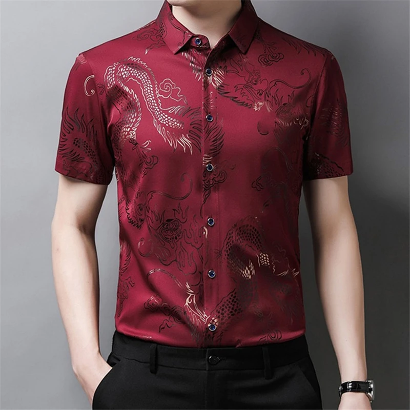 Men Vintage Chinese Style Dragon Print Short Sleeve Button Shirts 2023 Summer Fashion Business Casual Slim Tops Y2K Ropa Hombre