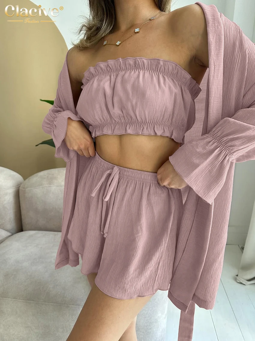 Clacive แฟชั่นหลวมสีเขียว 3 ชิ้นชุดผู้หญิงเสื้อแขนยาว + ด้านบนกางเกงขาสั้นเอวสูงชุดเสื้อผ้าหญิง