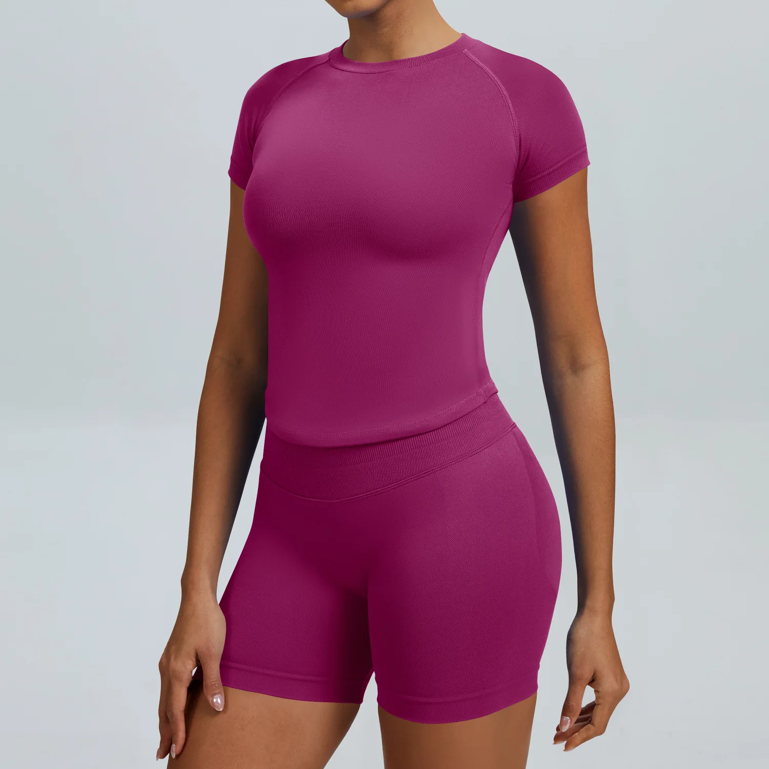 Nahtloses 2-Teiliges Sportset für Damen, Kurzarm-Oberteil, Hochtaillierte Shorts, Schnelltrocknend, Hochelastisch, Atmungsaktiv, für Yoga, Fitness und Workout – Detail 11