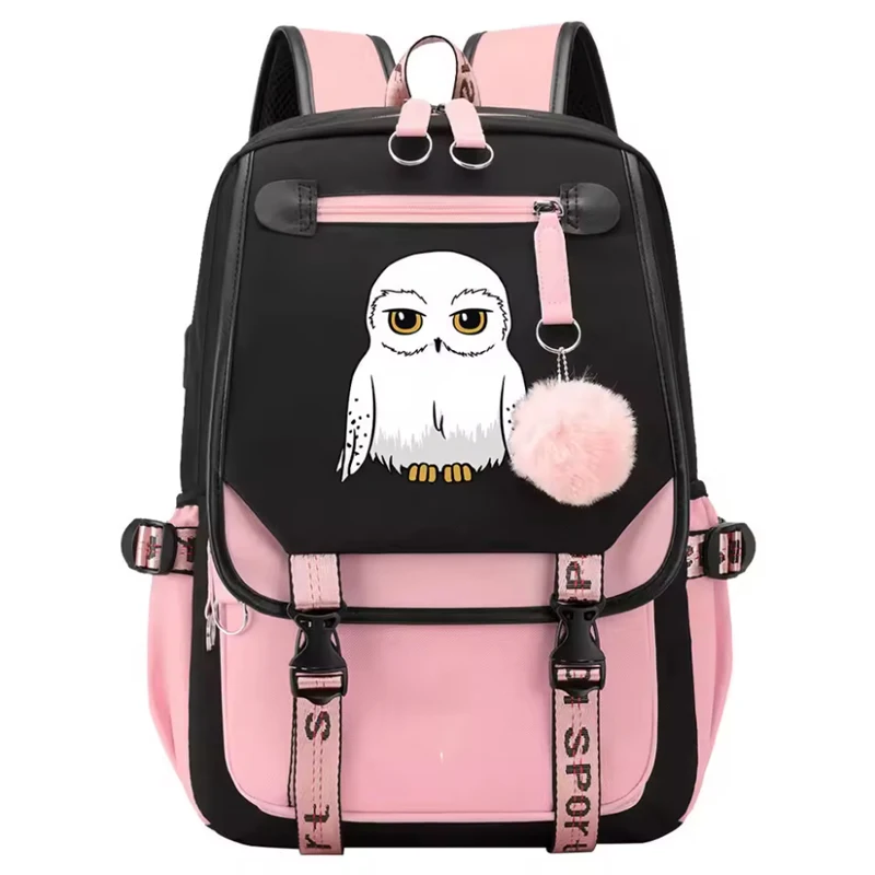 Anime-Hedwig Night Owl Backpack Nylon School Book Student Travel Bags Laptop Casual USB Port Messenger Bag