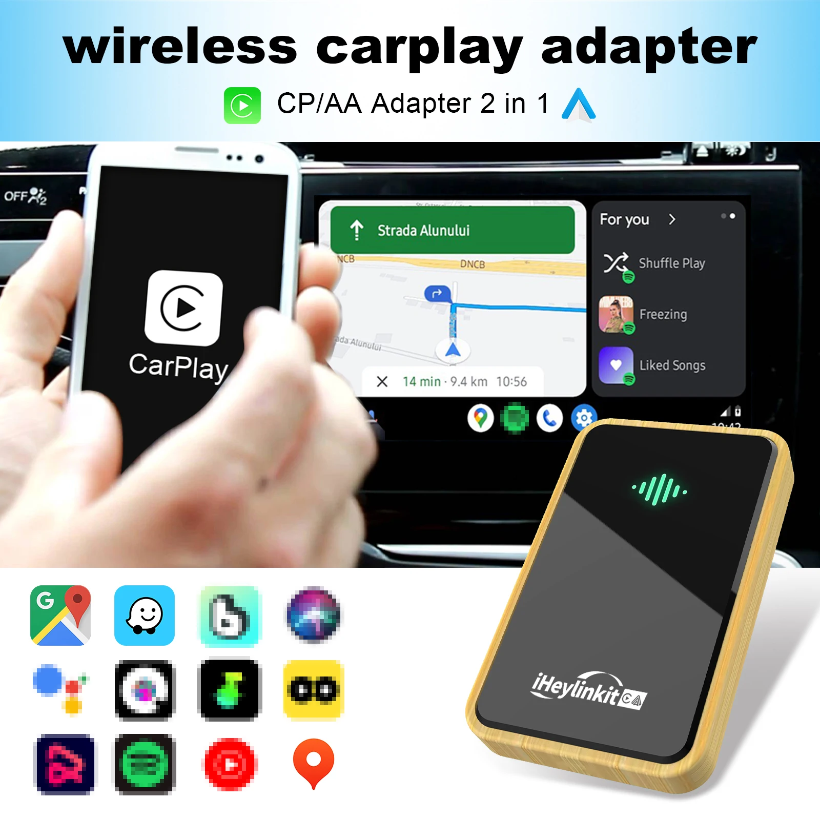 

iHeylinkit 2024 New Bamboo Shell Wireless Android Auto CarPlay Adapter AI Box Dongle Plug&Play For Audi Benz etc.