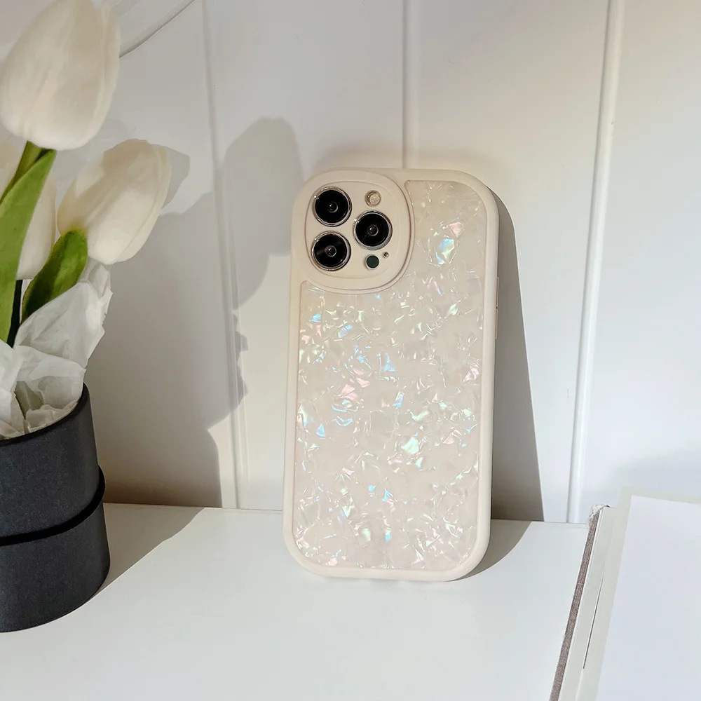 Solid Color Bling Glitter Shell Texture Phone Case For iPhone 15 14 13 12 Pro Max 11 7 8 Plus X XR XS Max Conch Pattern Cover