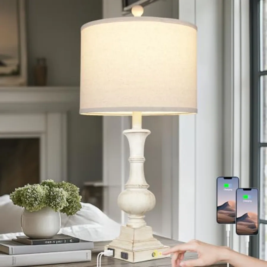 

26" Farmhouse Table Lamp, Vintage Rustic Touch Control Bedside Lamp with 2 USB Ports and AC Outlet, Boho Resin 3-Way Dimmable N