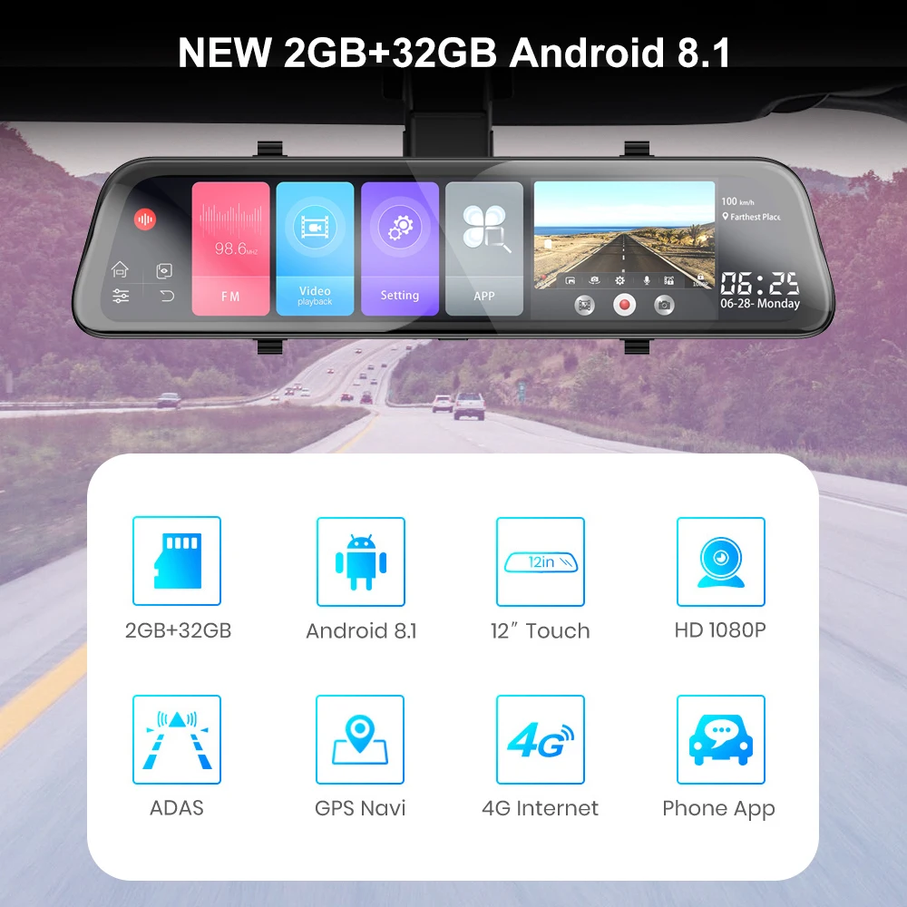 4G Dash Cam 12 Inch Car Rearview Mirror ADAS Android 8.1 FHD Auto Recorder GPS Navigation Dash Camera Rear View Mirror Car DVR