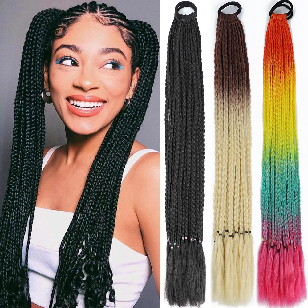 Coleta trenzada sintética de 24 pulgadas para niña, extensiones de cabello con banda de goma elástica, caja de Color arcoíris, postizo