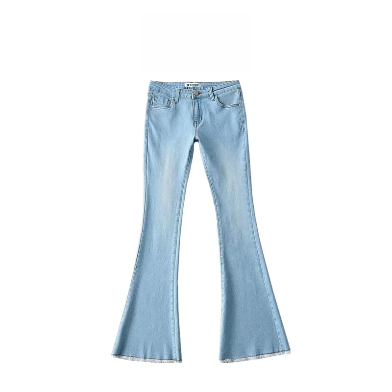 

Low Waist Bell Bottom Jeans Women's Spring Summer New Washed Denim Pants Frayed Hem Three Colors Cotton Stretch Fabric