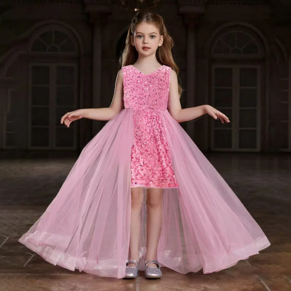 Young Girls Pink Sequin Evening Princess Dress Kids Fancy Wedding Birthday Party Gown Girl Trailing Tulle Dresses Children Wear