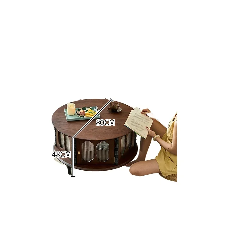 

French retro solid wood round coffee table combination small apartment household small tea table