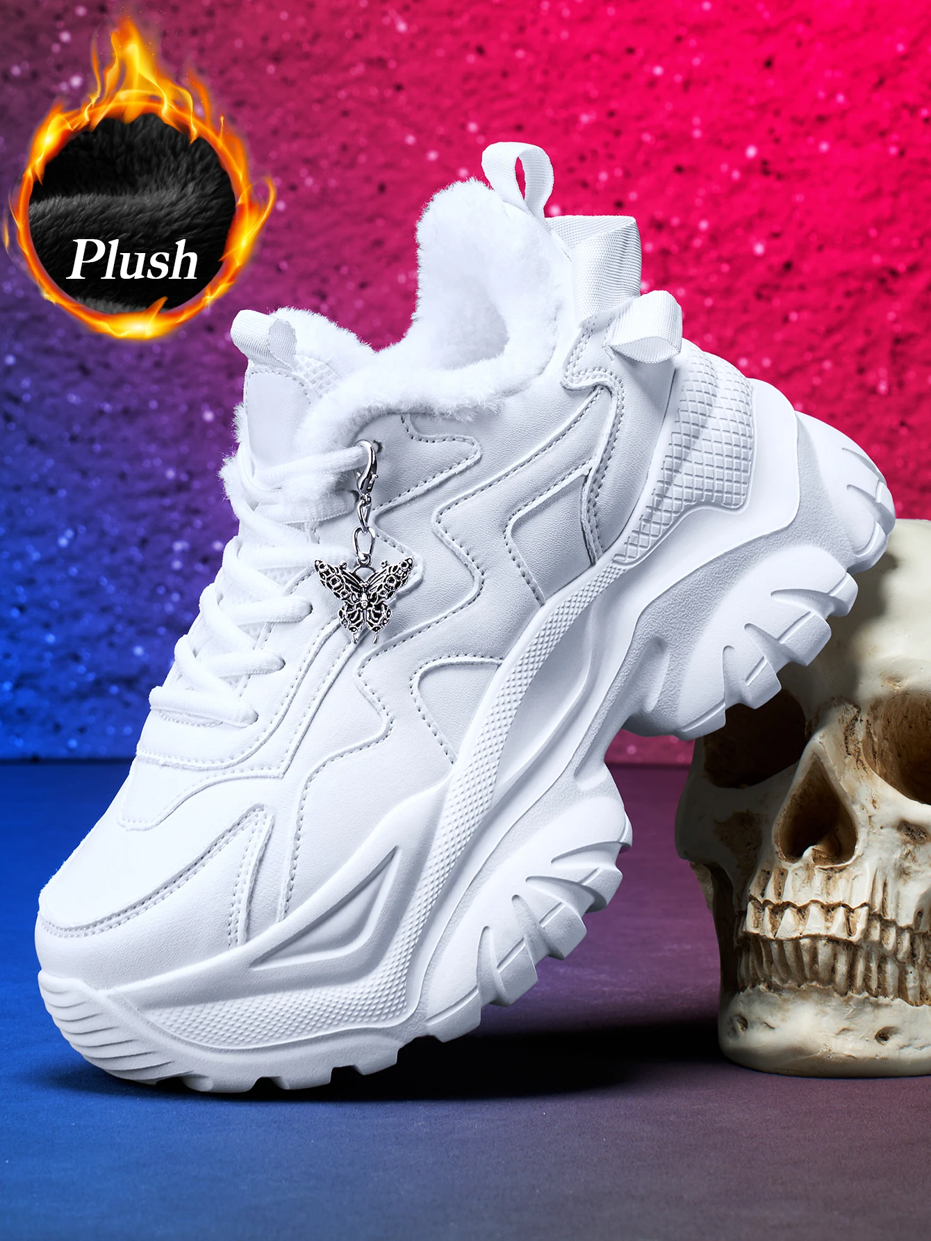 Damen-Winterschuhe für den Außenbereich, modische, vulkanisierte Schuhe, Eva, leicht, mit dicker Sohle, 7 cm Absatzhöhe, lässige Sneaker mit abnehmbarem, silberfarbenem Schmetterlingsanhänger im Punk-Stil, bequeme und warme weiße Schuhe für den täglichen Gebrauch. – Detail 3