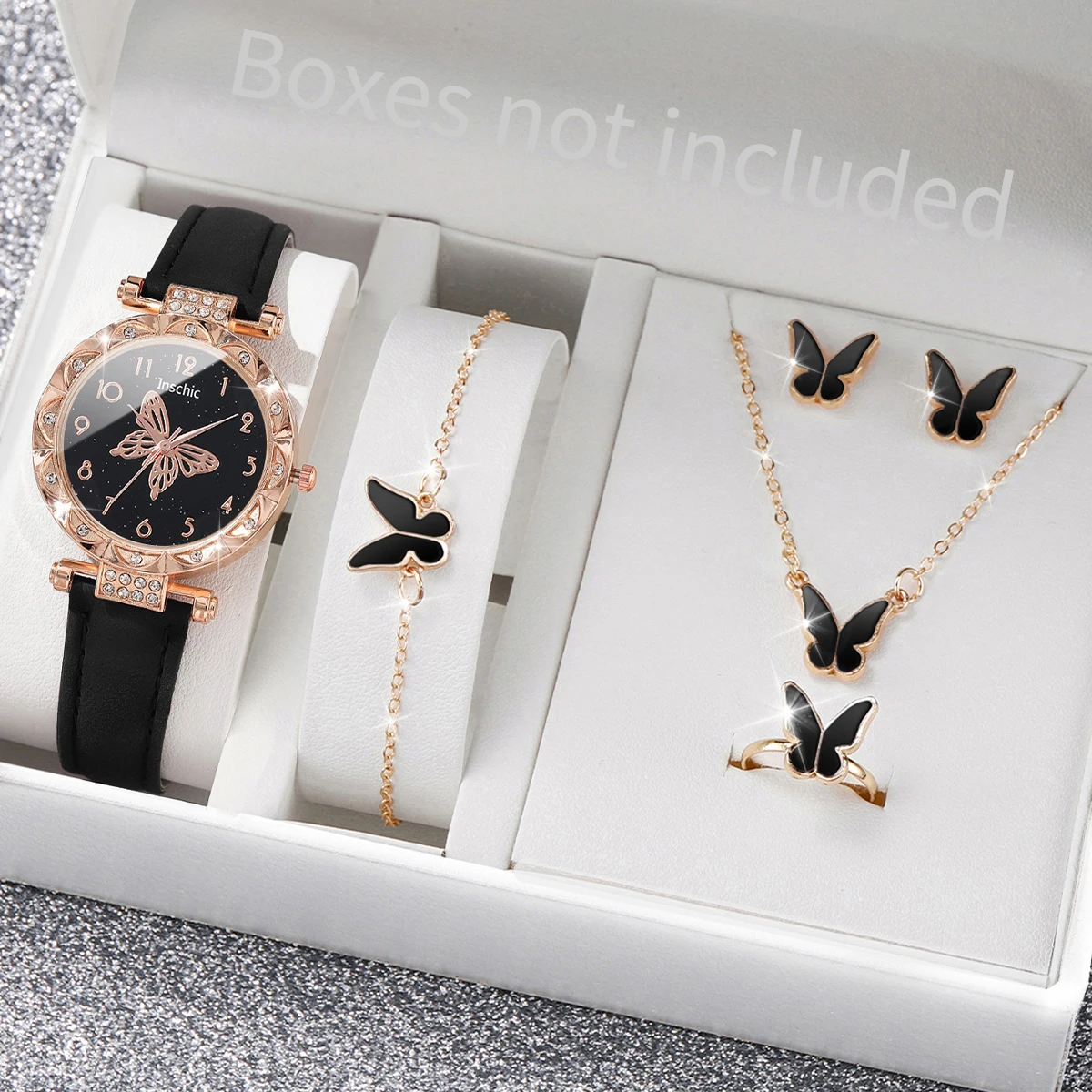 5PCS/Set Fashion Rhinestone Butterfly Women Watch Jewelry Set Female Leather Band Watch Ladies Clock(Without Box)