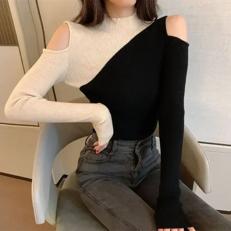 New in Knitwears Off Shoulder Tops Woman Spring Autumn Clearance Goth Korean Reviews Clothes Kpop Long Sleeve T Shirt for Women