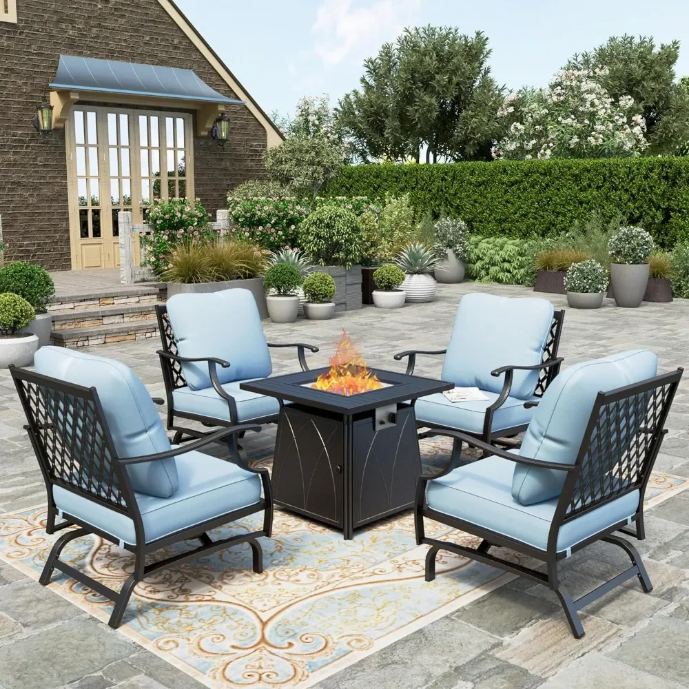 

Furniture Set with Fire Pit Table, 4 x Thick Cushioned Rocking Chairs, 1 x 28 Fire Pit Table,Outdoor Conversation Set for Garden