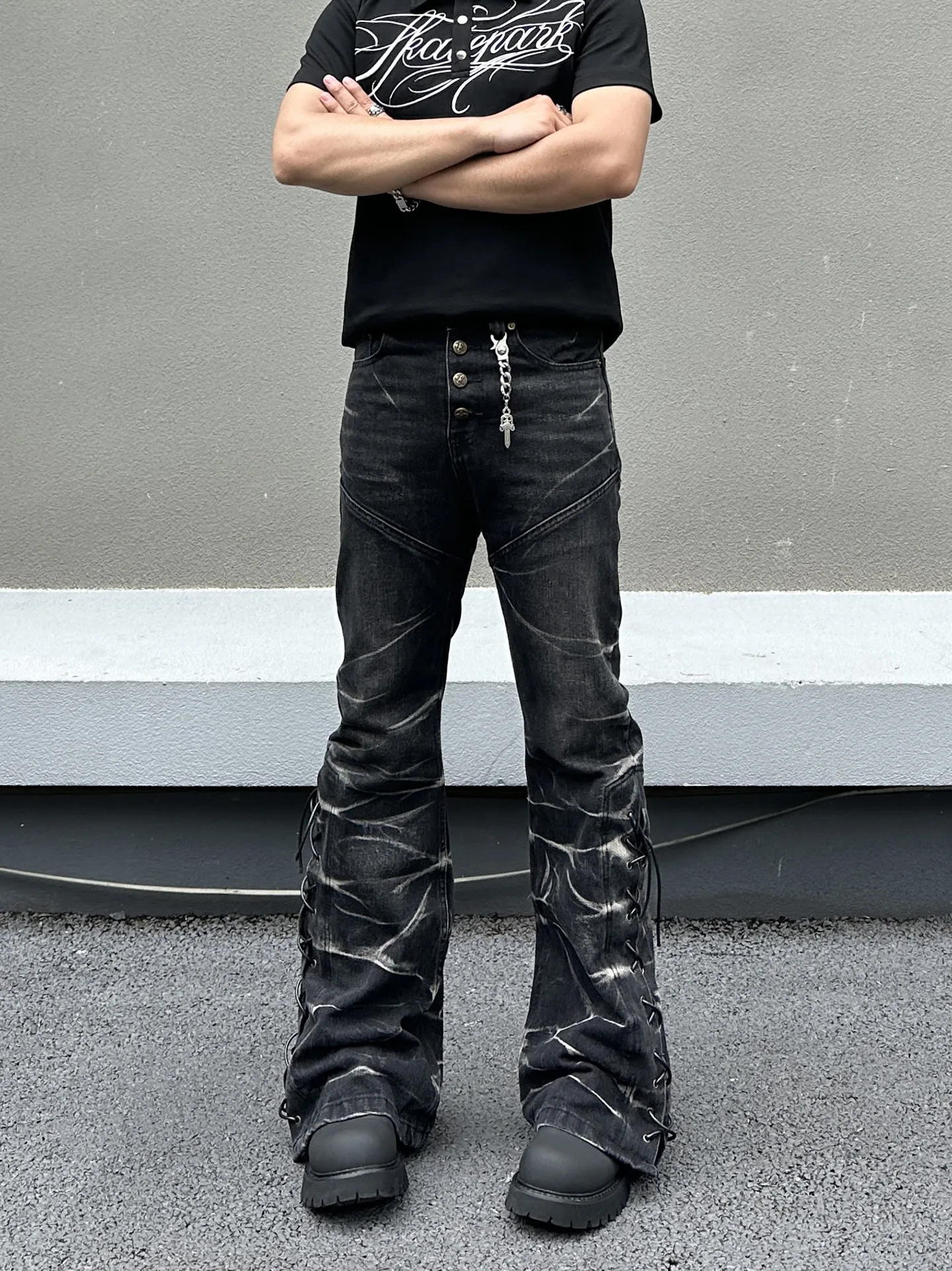 Gothic Style Lightning Pattern Weave Belt Visual Slim Fit Jeans Men's American Vibe Punk Flared Pants Streetwear Straight Leg