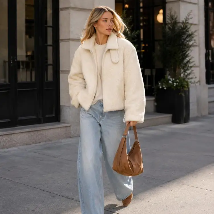 Women's Cream Faux Shearling Jacket Soft Fluffy Short Coat with Button Front Casual Winter Outerwear