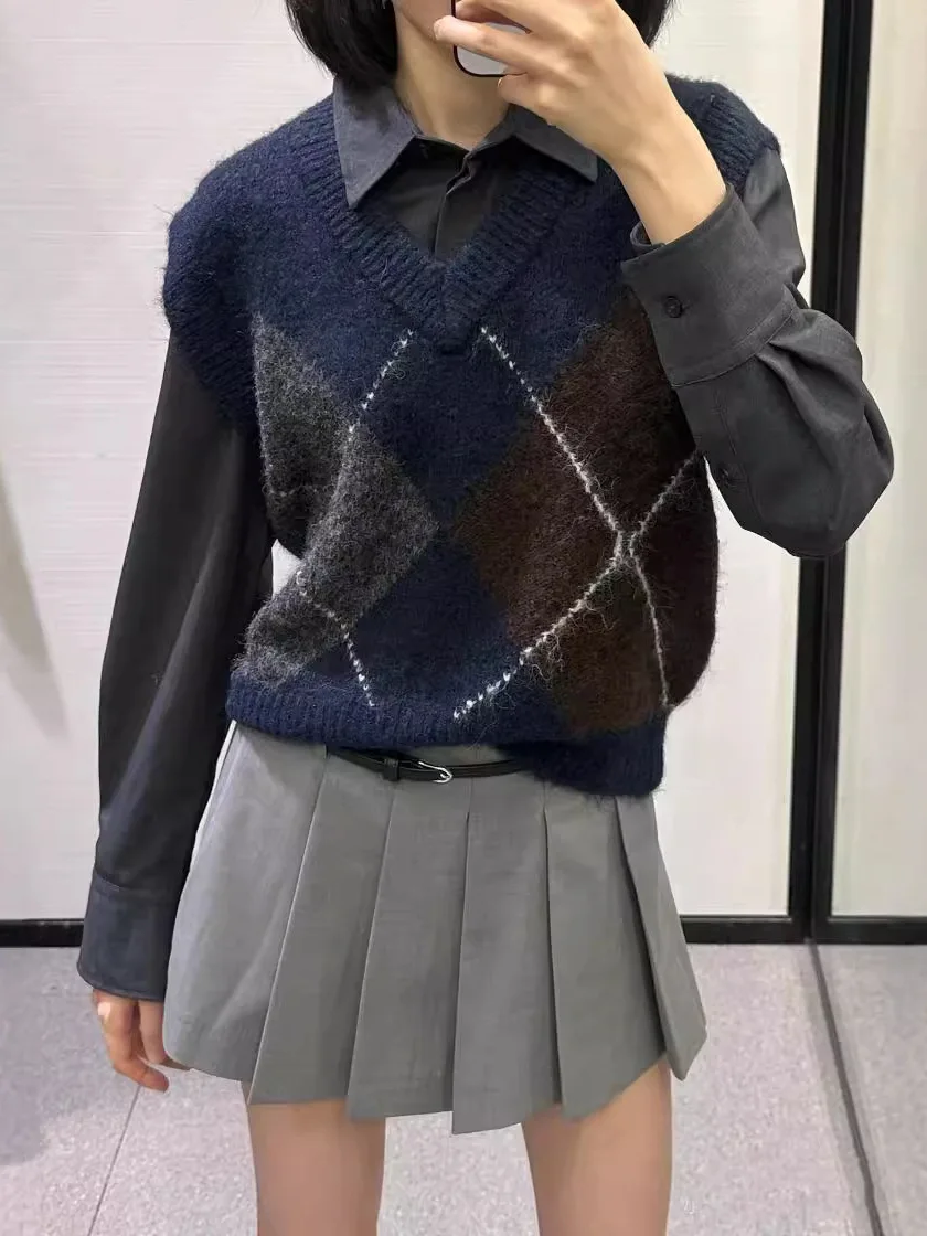 

American Sle Slim Fit Diamond Pattern Svel round Ne Knitted Vest New Autumn Faion Women's Knitted Sweater Top