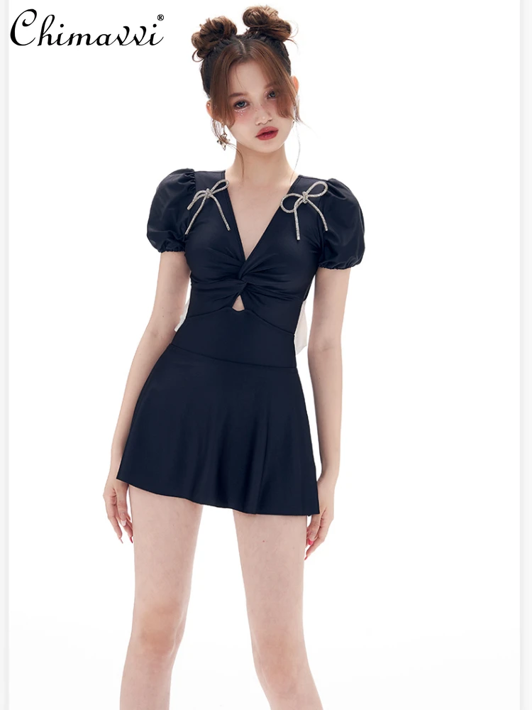 

2024 Summer Fashion Swimwear Dress Swimsuit V-neck Short Sleeve Backless Bow Conservative Cute Sweet One Piece Swimsuit Women