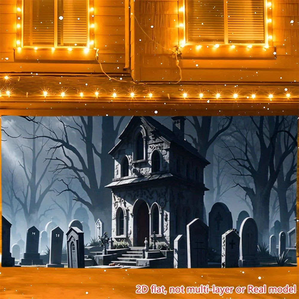 2D flat printing banner 1 piece, tomb house, black trees, extra-large size.PMJ