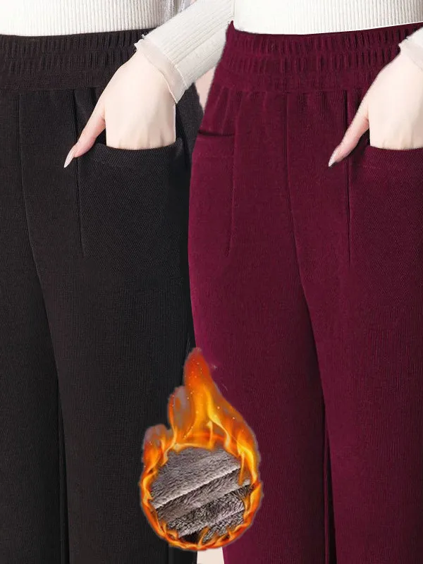 

Женские утепленные вельветовые брюки-харланы с высокой талией, повседневные теплые брюки больших размеров для женщин среднего возраста, однотонные, для работы и повседневной носки