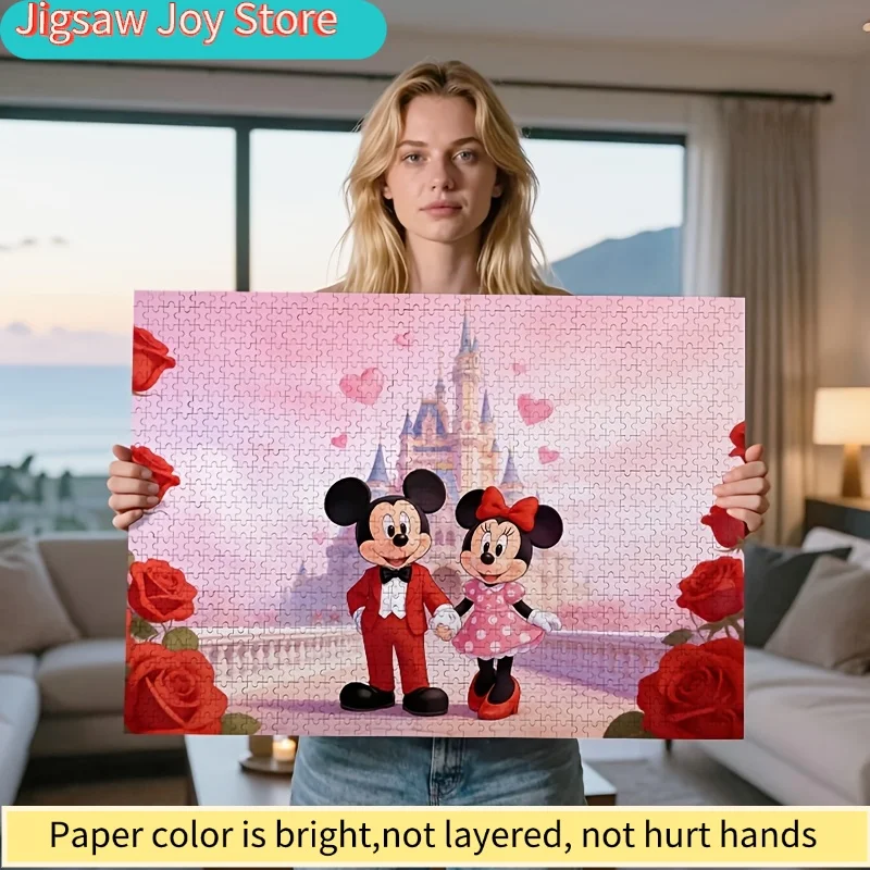 

2D Flat, Disney Mickey Minnie Red Suit Puzzle, Rose Castle, Valentine's Day Romantic Gift, Couple Formal Wear Jigsaw, Disney